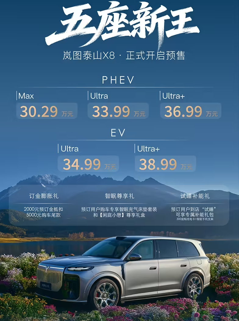 岚图泰山X8大五座SUV定档5月22日上市 预售13天订单破4万